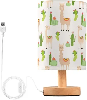 Table Lamp Llamas and Cactus Pattern Nightstand Lamp with Wood Base Fabric Lamp Shade Bedside Desk Lamp for Living Room Bedroom Kids Room Office