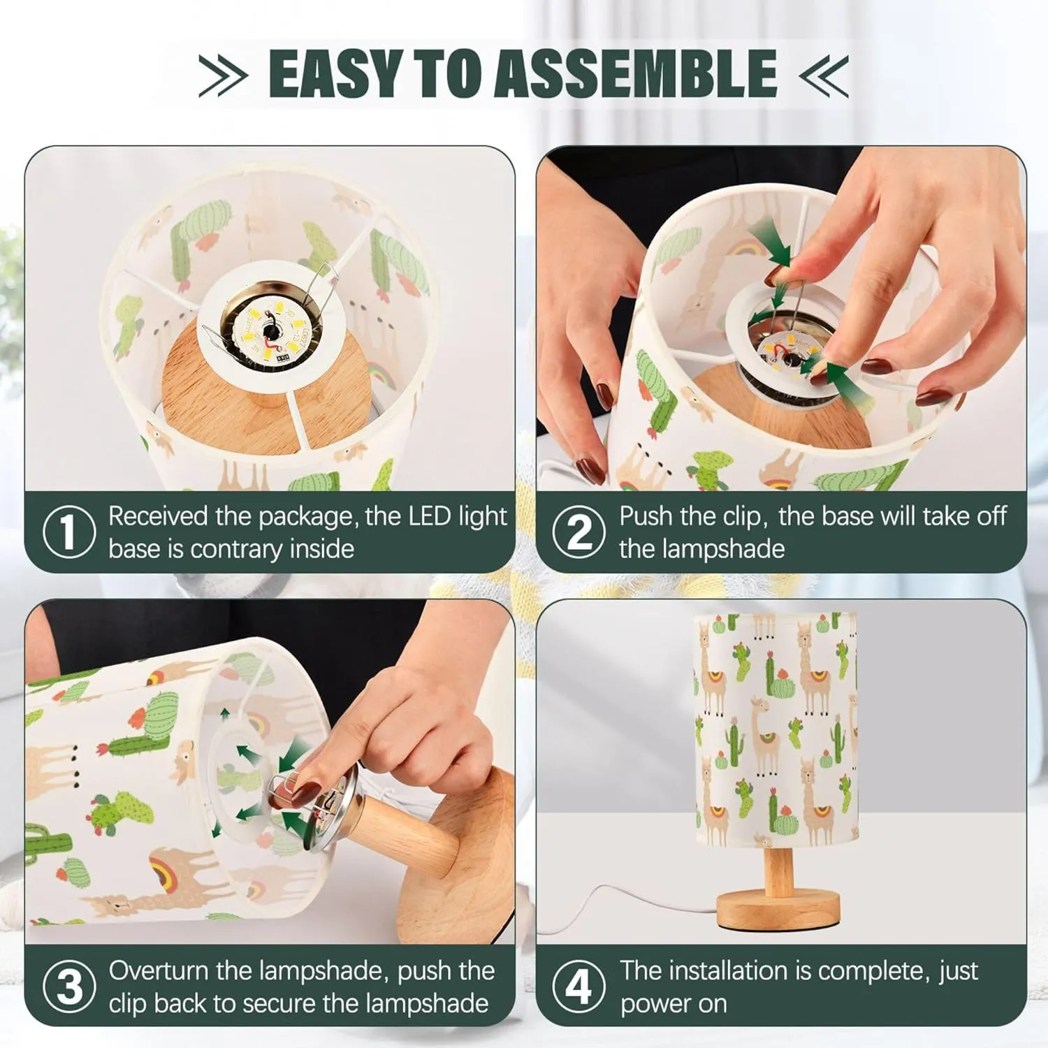 Table Lamp Llamas and Cactus Pattern Nightstand Lamp with Wood Base Fabric Lamp Shade Bedside Desk Lamp for Living Room Bedroom Kids Room Office