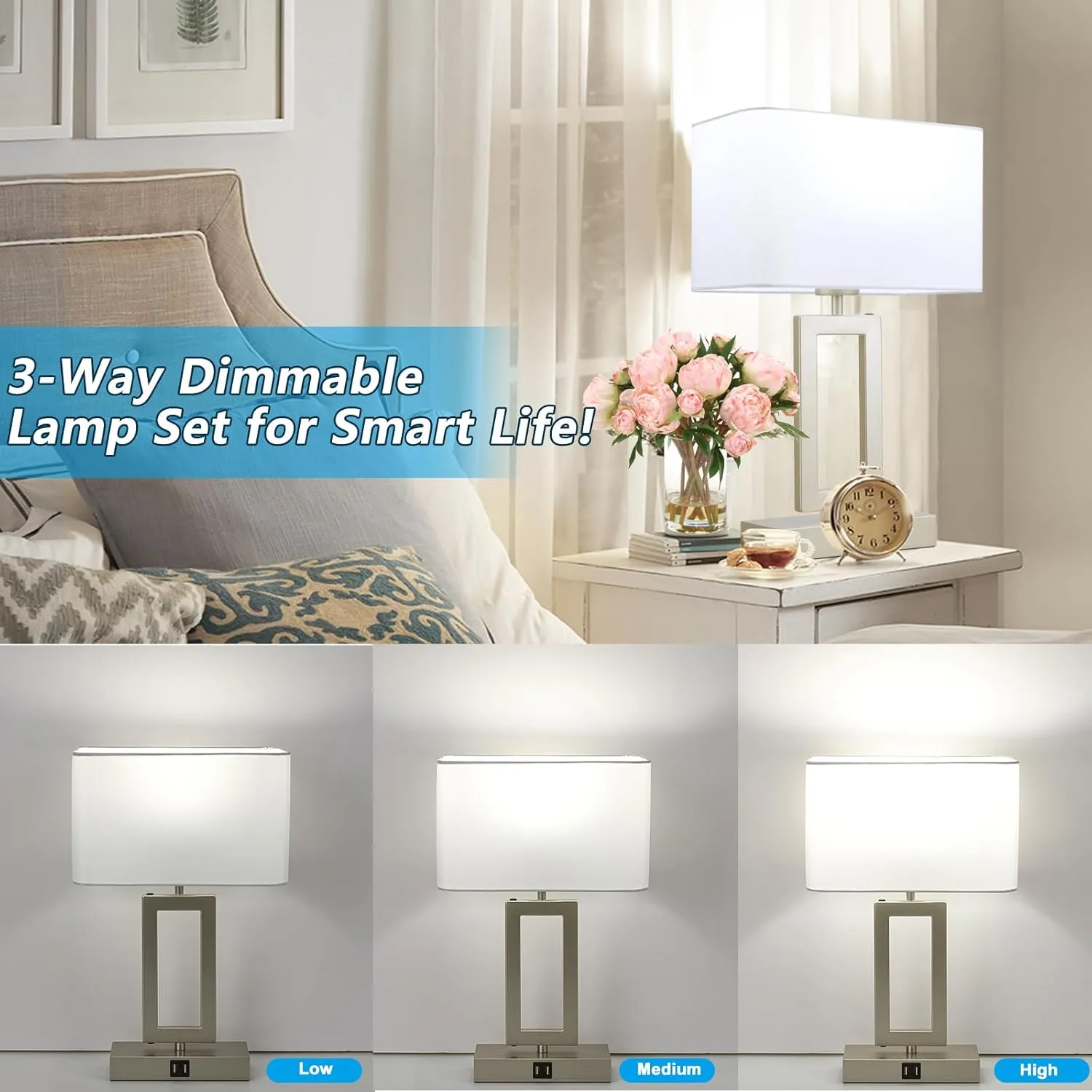 Table Lamp Set of 2 Lamps for Bedroom, Touch Control Table Lamps with 2 USB Ports, 3-Way Dimmable Bedside Nightstand Lamps, Silver&White Lamp for End Table Living Room Modern