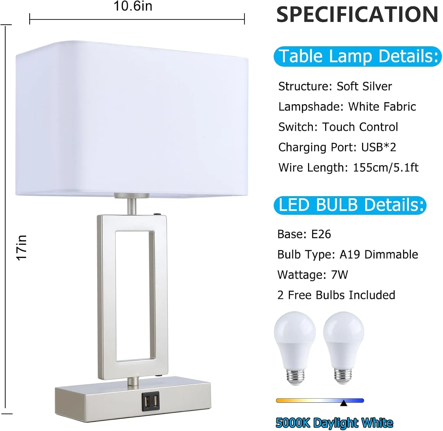 Table Lamp Set of 2 Lamps for Bedroom, Touch Control Table Lamps with 2 USB Ports, 3-Way Dimmable Bedside Nightstand Lamps, Silver&White Lamp for End Table Living Room Modern