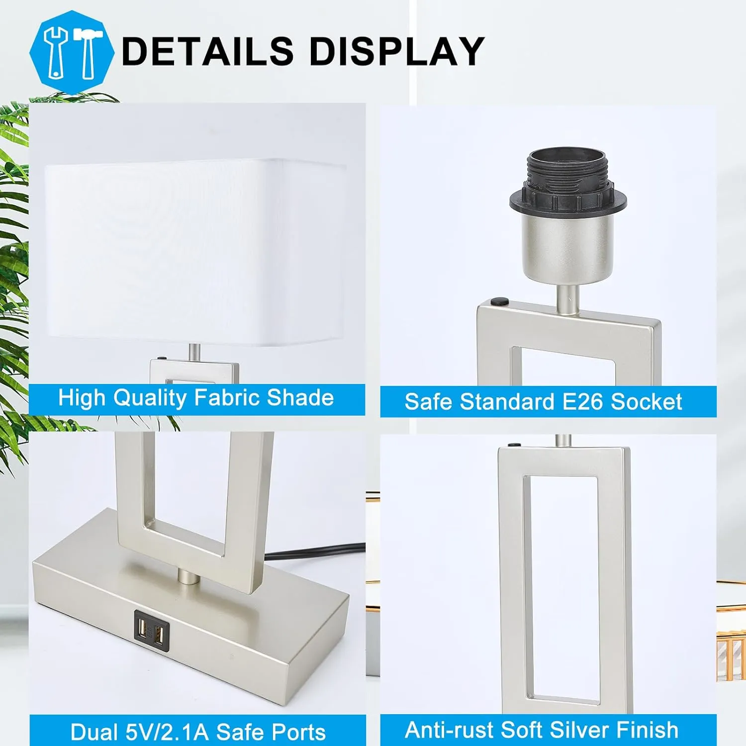 Table Lamp Set of 2 Lamps for Bedroom, Touch Control Table Lamps with 2 USB Ports, 3-Way Dimmable Bedside Nightstand Lamps, Silver&White Lamp for End Table Living Room Modern
