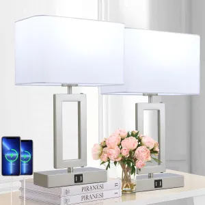 Table Lamp Set of 2 Lamps for Bedroom, Touch Control Table Lamps with 2 USB Ports, 3-Way Dimmable Bedside Nightstand Lamps, Silver&White Lamp for End Table Living Room Modern