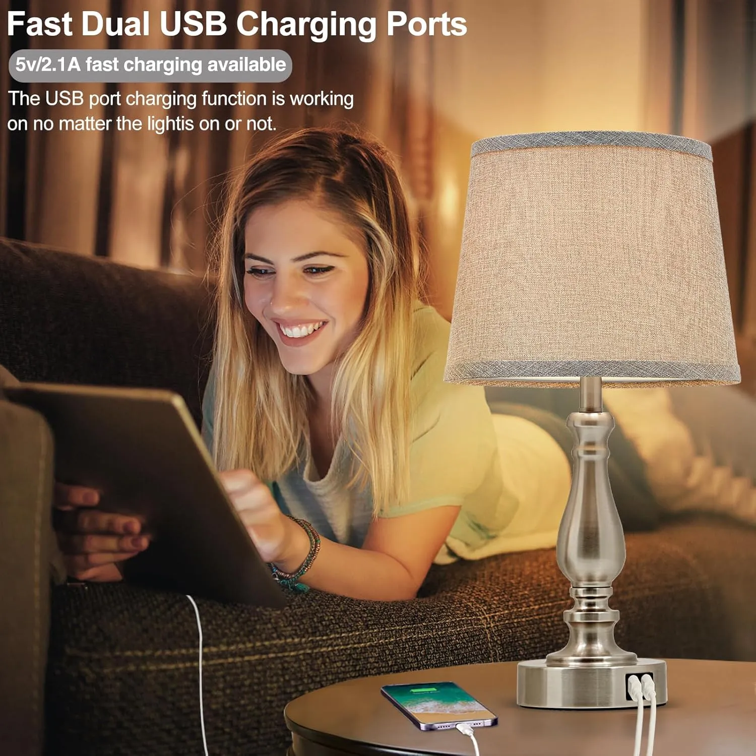 Table Lamps for Bedroom Set of 2,3 Way Dimmable Touch Bedside Lamps with Dual USB A C Ports - Nightstand Lamp for End Table Modern Night Stand Lamps for Living Room Guest Room