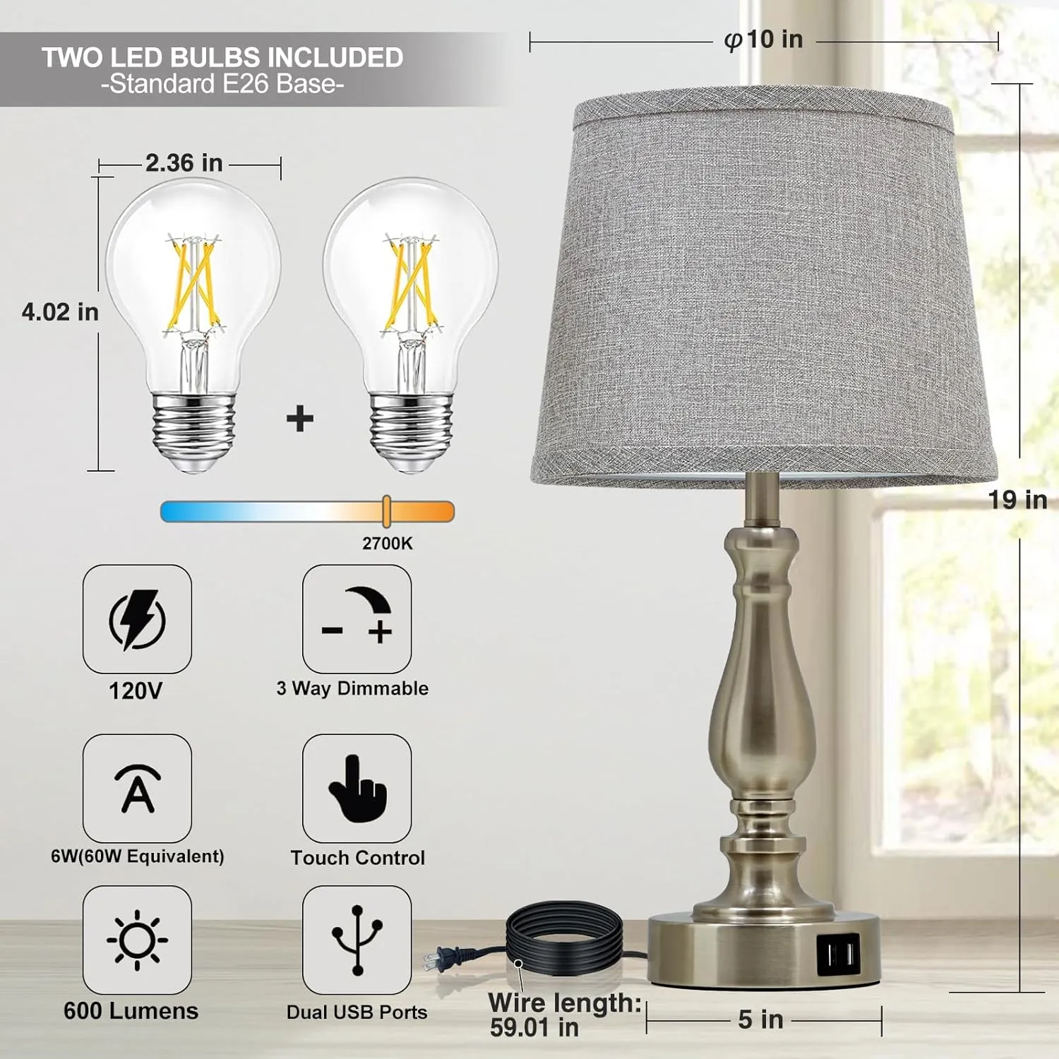 Table Lamps for Bedroom Set of 2,3 Way Dimmable Touch Bedside Lamps with Dual USB A C Ports - Nightstand Lamp for End Table Modern Night Stand Lamps for Living Room Guest Room