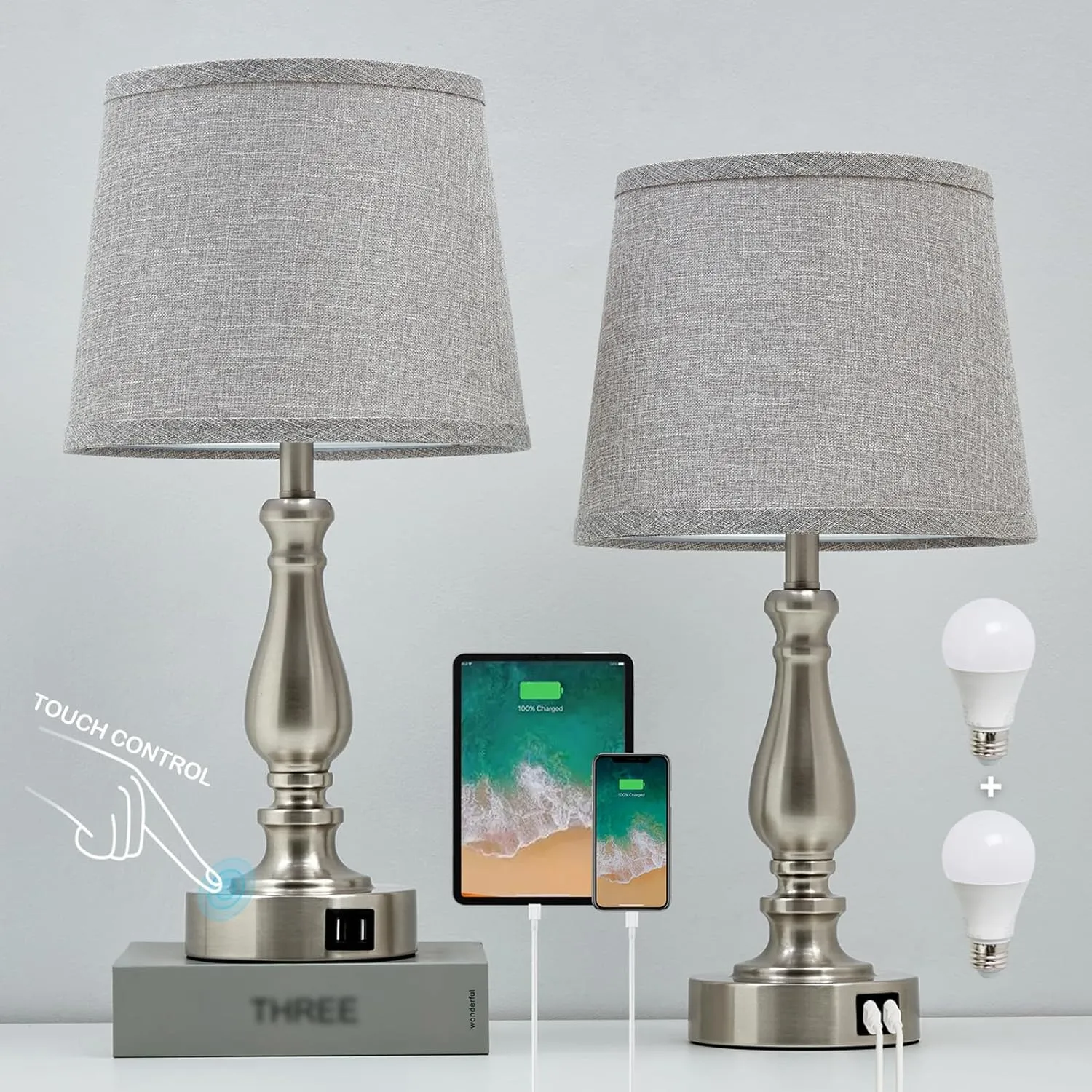 Table Lamps for Bedroom Set of 2,3 Way Dimmable Touch Bedside Lamps with Dual USB A C Ports - Nightstand Lamp for End Table Modern Night Stand Lamps for Living Room Guest Room