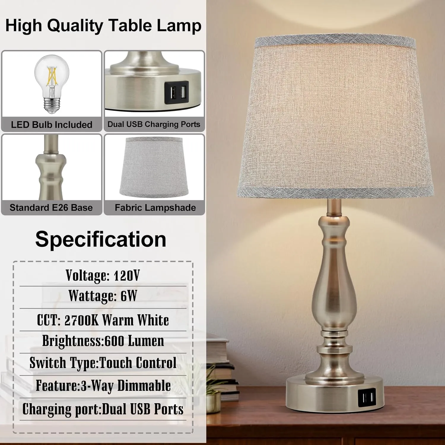 Table Lamps for Bedroom Set of 2,3 Way Dimmable Touch Bedside Lamps with Dual USB A C Ports - Nightstand Lamp for End Table Modern Night Stand Lamps for Living Room Guest Room