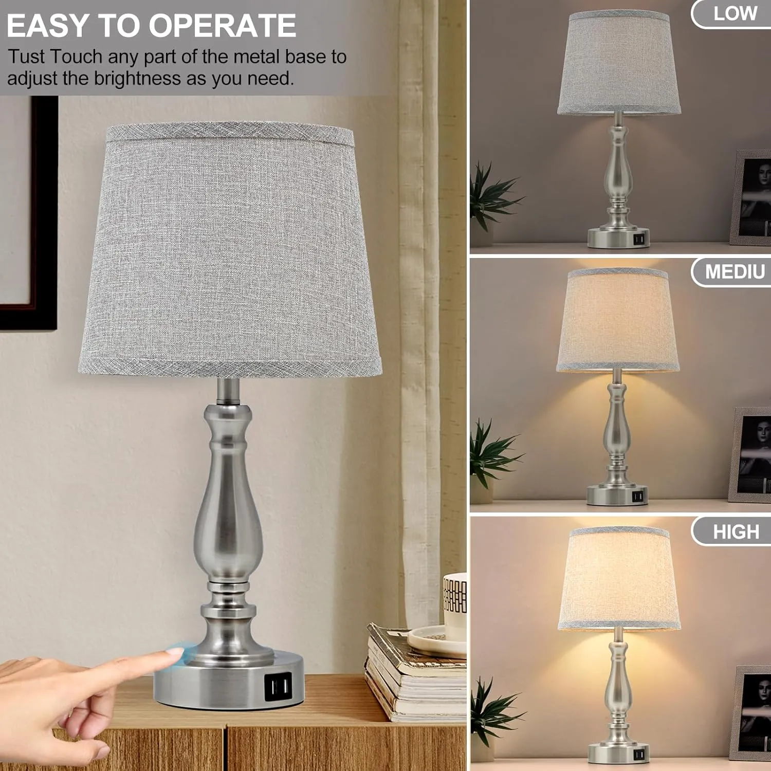 Table Lamps for Bedroom Set of 2,3 Way Dimmable Touch Bedside Lamps with Dual USB A C Ports - Nightstand Lamp for End Table Modern Night Stand Lamps for Living Room Guest Room