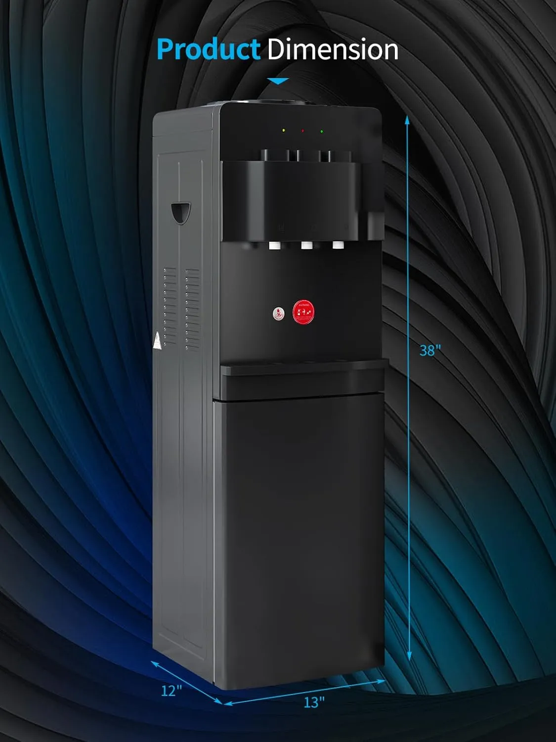 TABU Top Loading Water Cooler, 3 or 5 Gallon Bottle Water Dispenser with 3 Temperature Settings-Hot, Cold, Room Water, with Anti-Scalding Design and Child Safety Lock for Home/Office,Black