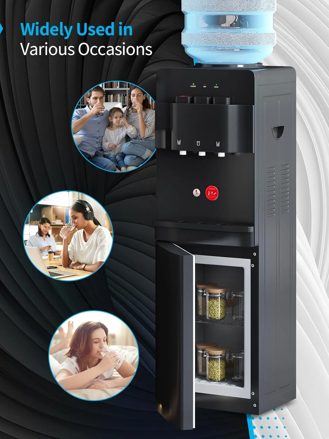 TABU Top Loading Water Cooler, 3 or 5 Gallon Bottle Water Dispenser with 3 Temperature Settings-Hot, Cold, Room Water, with Anti-Scalding Design and Child Safety Lock for Home/Office,Black