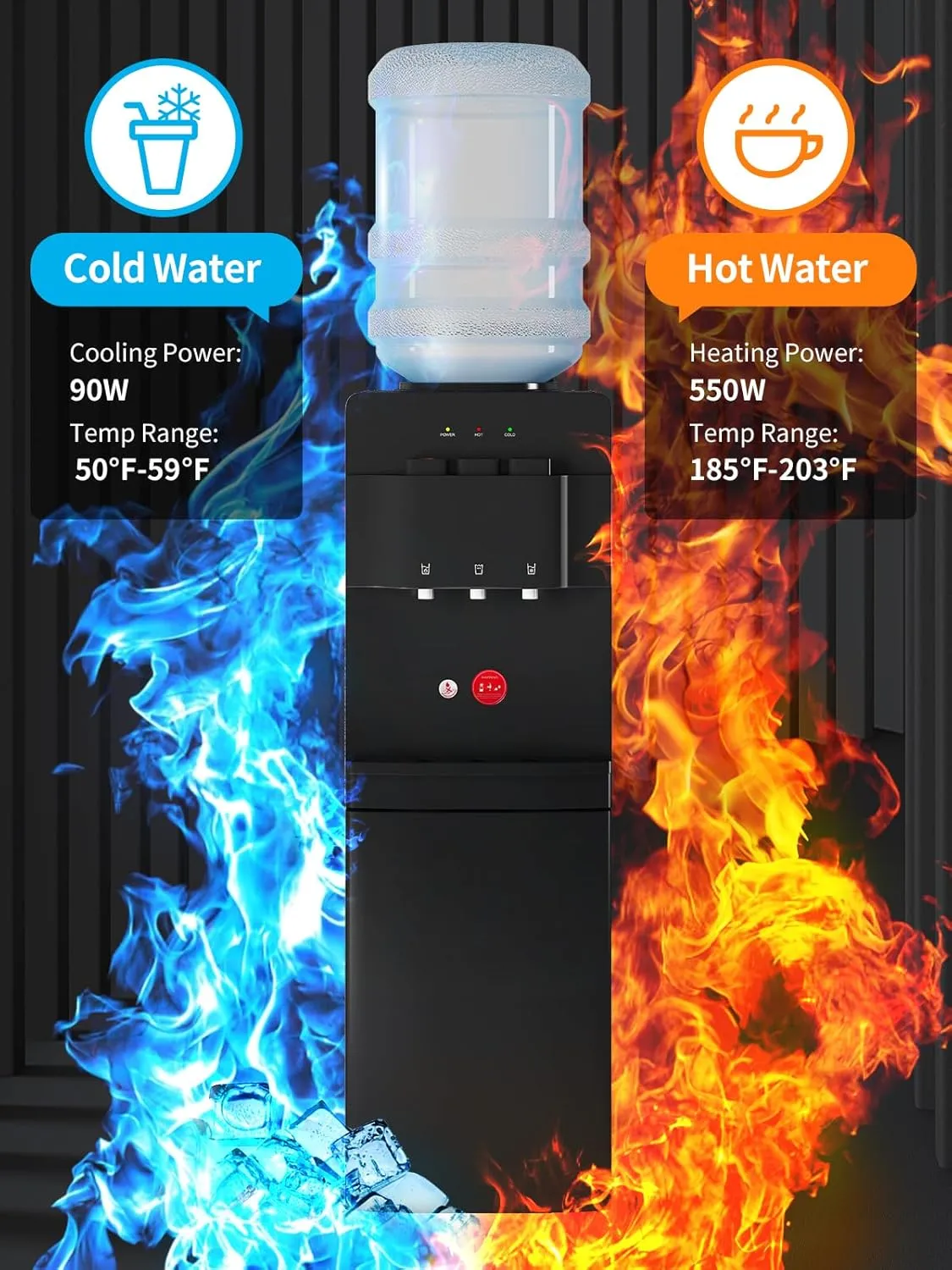 TABU Top Loading Water Cooler, 3 or 5 Gallon Bottle Water Dispenser with 3 Temperature Settings-Hot, Cold, Room Water, with Anti-Scalding Design and Child Safety Lock for Home/Office,Black