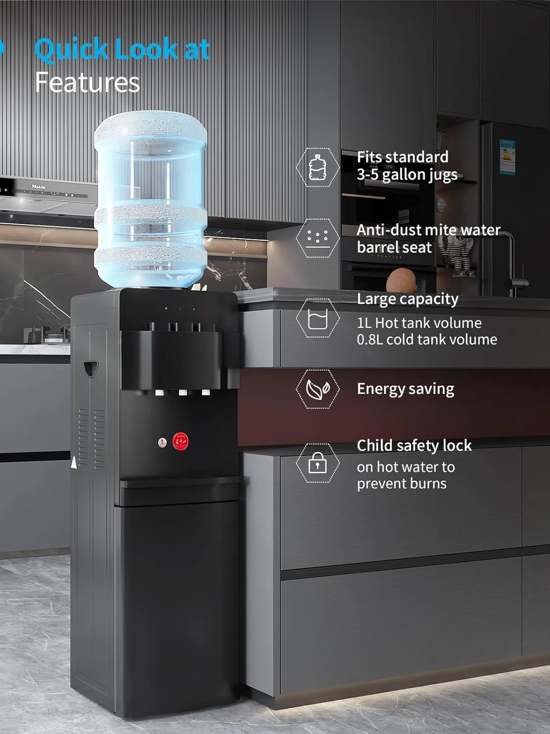 TABU Top Loading Water Cooler, 3 or 5 Gallon Bottle Water Dispenser with 3 Temperature Settings-Hot, Cold, Room Water, with Anti-Scalding Design and Child Safety Lock for Home/Office,Black
