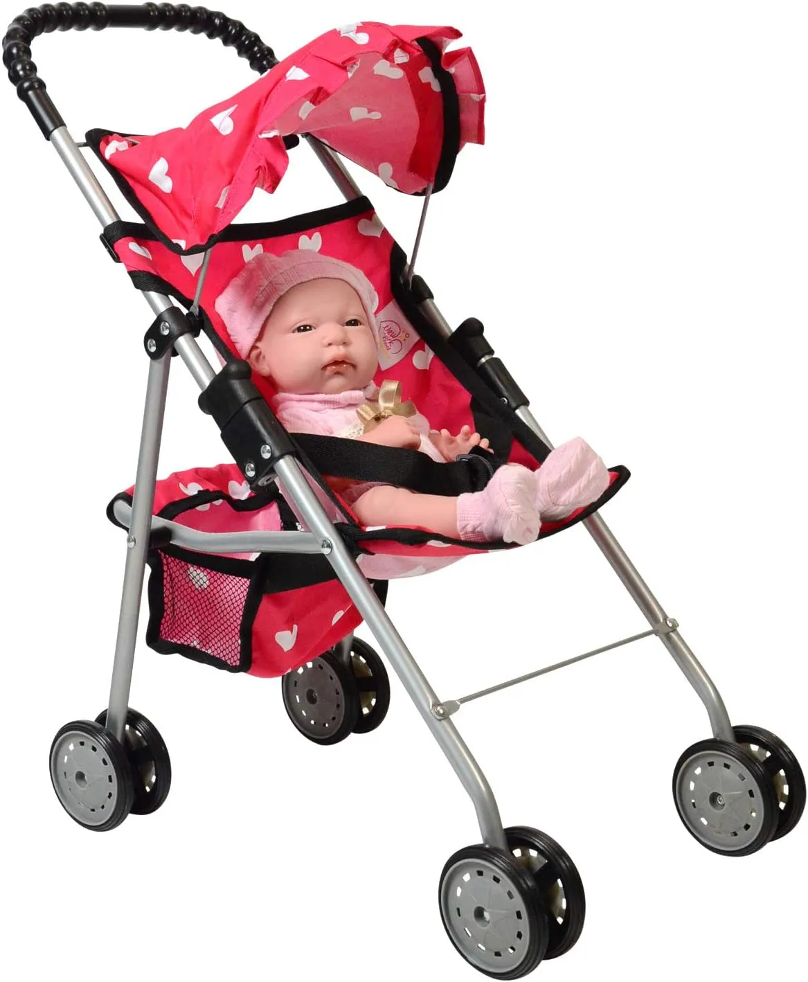 The New York Doll Collection My First Doll Stroller with Basket & Heart Design Foldable Doll Stroller, Pink