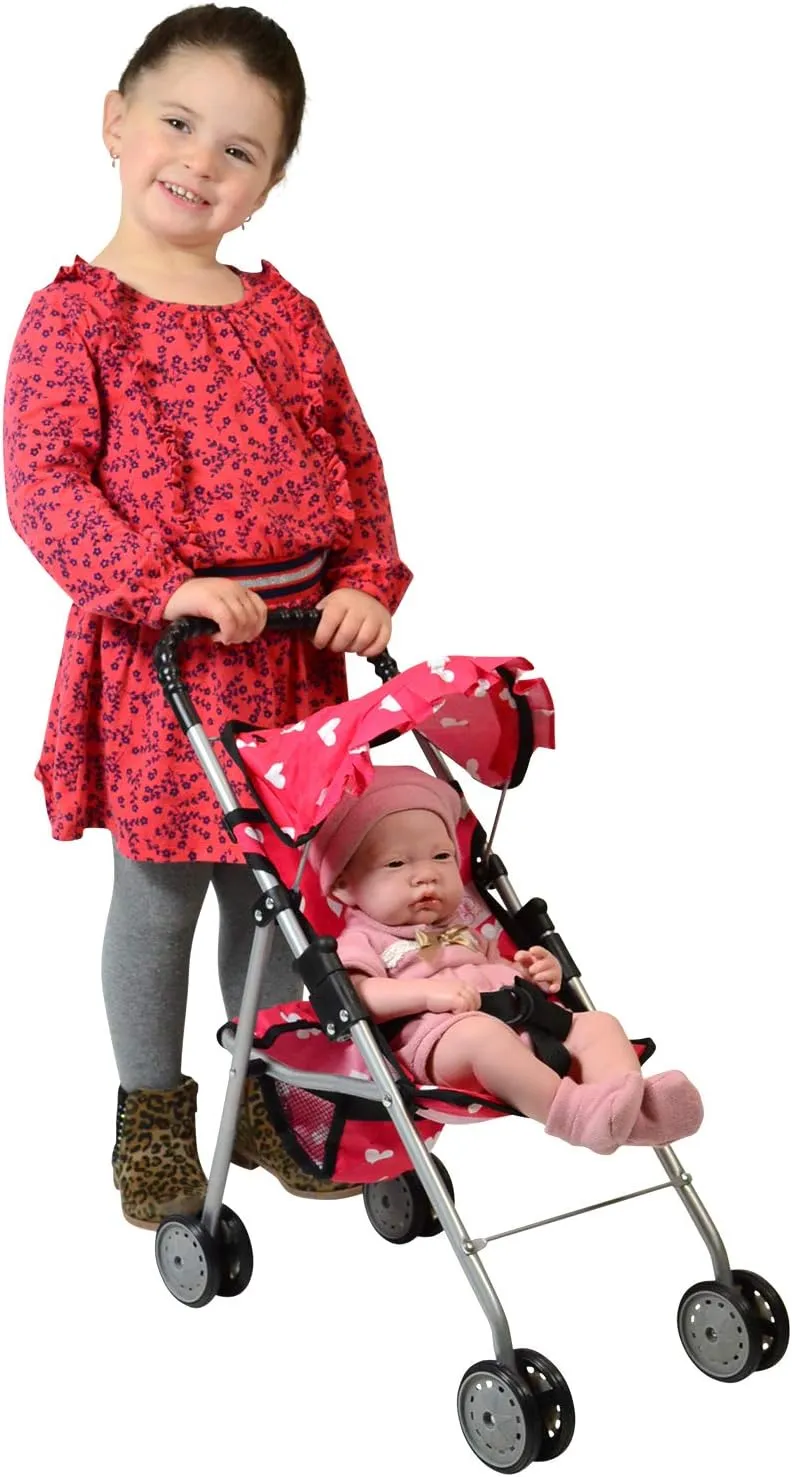 The New York Doll Collection My First Doll Stroller with Basket & Heart Design Foldable Doll Stroller, Pink