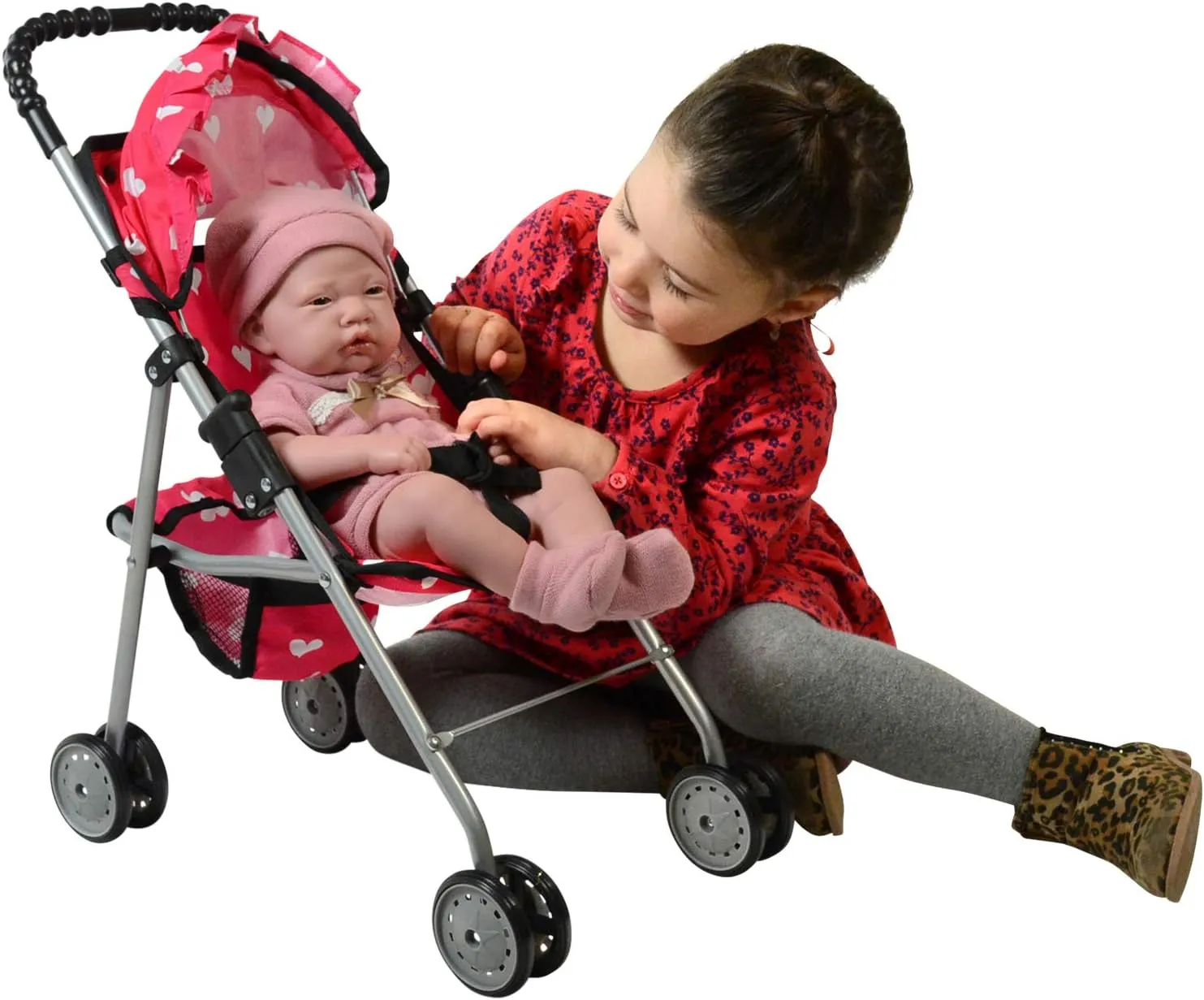 The New York Doll Collection My First Doll Stroller with Basket & Heart Design Foldable Doll Stroller, Pink