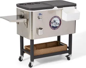 Tommy Bahama 100 Quart Rolling Stainless Steel Cooler with Wheels, Attached Bottle Opener and Cap Catcher