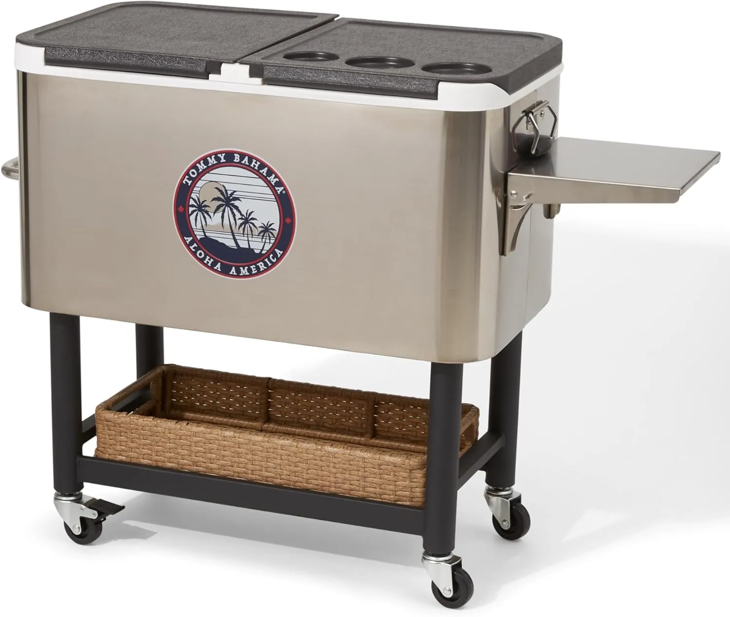 Tommy Bahama 100 Quart Rolling Stainless Steel Cooler with Wheels, Attached Bottle Opener and Cap Catcher