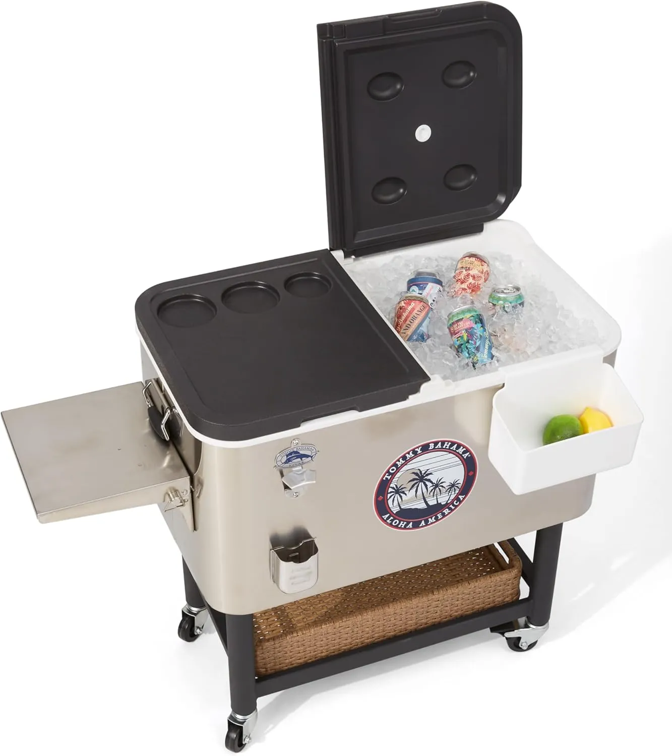 Tommy Bahama 100 Quart Rolling Stainless Steel Cooler with Wheels, Attached Bottle Opener and Cap Catcher