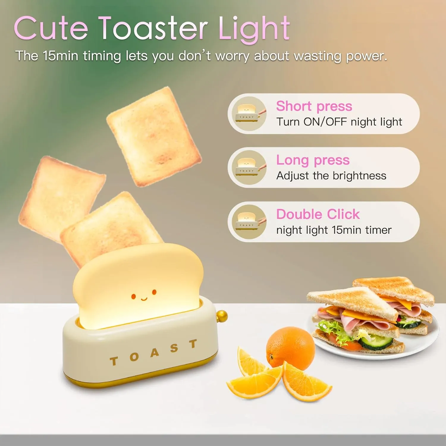 TOOGE Desk Decor Cute Toast Lamp Small Desk Lamp Night Light for Kids Rechargeable with Smile Face Kawaii Decor for Bedroom, Table, Bedside, Desk Gifts for Kids and Adults