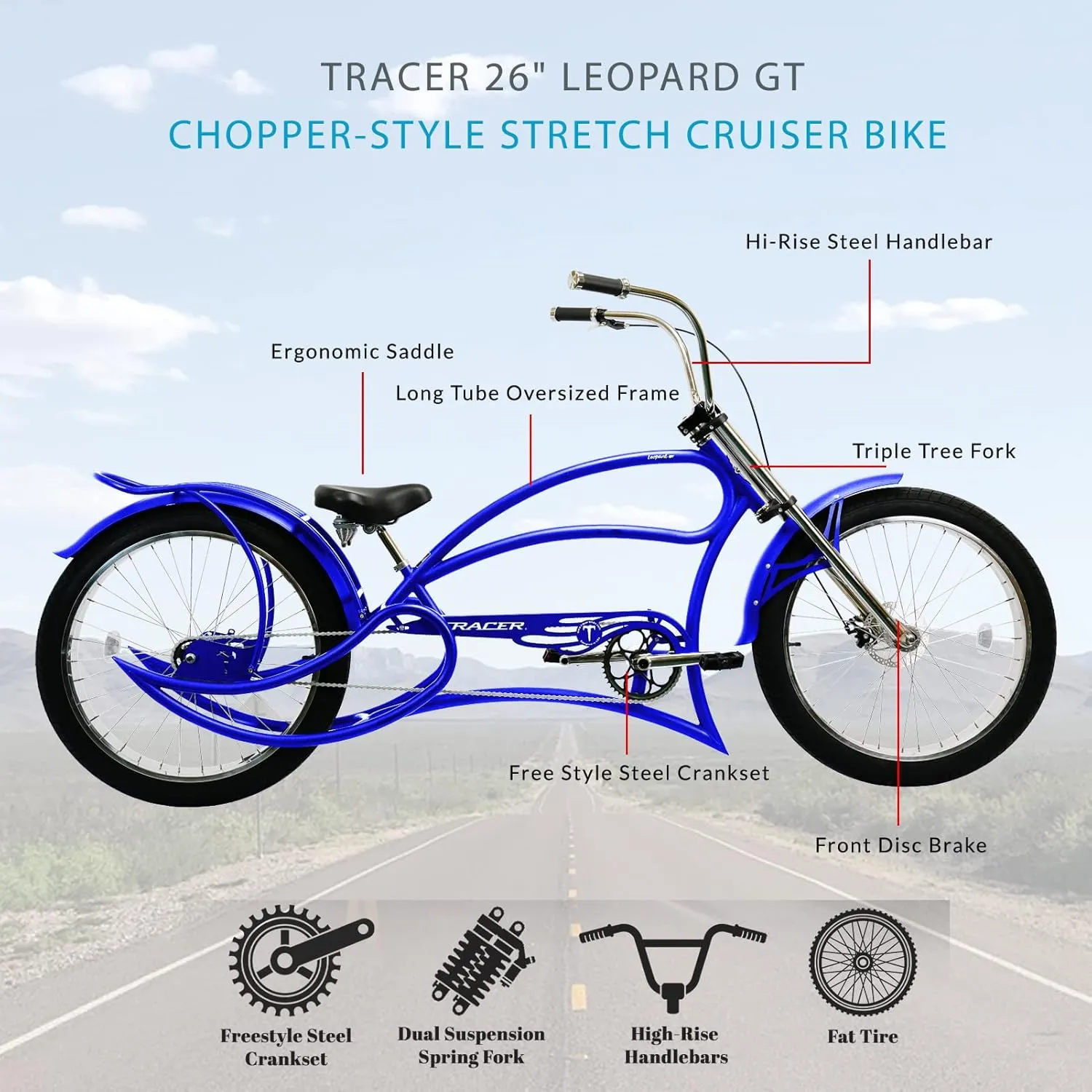 Tracer Leopard 26 Inch Wheel Chopper Stretch Bike Beach Cruiser High Rise Handlebar Suspension Fork 3 Speed 26 X 3 Fat Tires