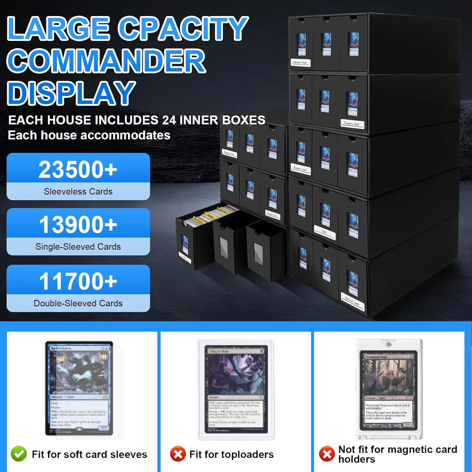 Trading Card Storage Box, 24000  Cards Storage Box for Commander Display, Trading Cards Organizer with 60 Card Dividers, Labels & Tapes, Visible Card Deck Box for TCG MTG PTCG Sport Cards