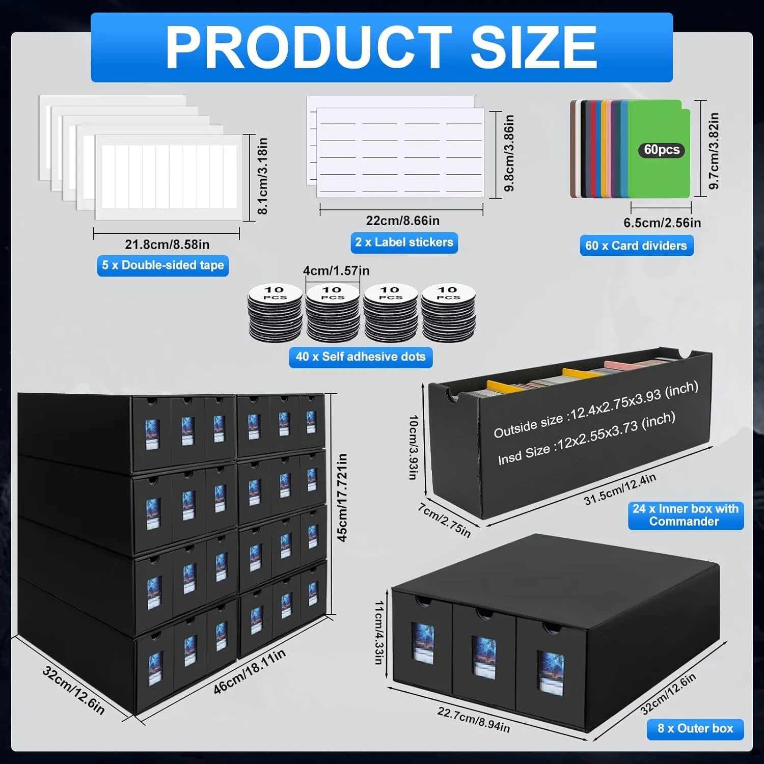 Trading Card Storage Box, 24000  Cards Storage Box for Commander Display, Trading Cards Organizer with 60 Card Dividers, Labels & Tapes, Visible Card Deck Box for TCG MTG PTCG Sport Cards