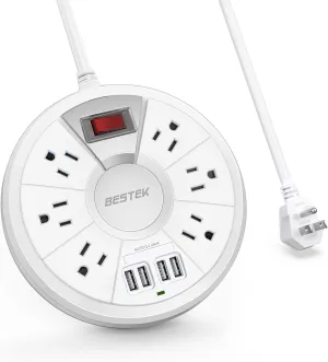 Travel Power Strip, BESTEK 6Ft Extension Cord with 4 USB Ports and 6-Outlet (13A 125V), Surge Protector Power Strip for Dorm Room, Bedside, Cruise Ship, 220J, White