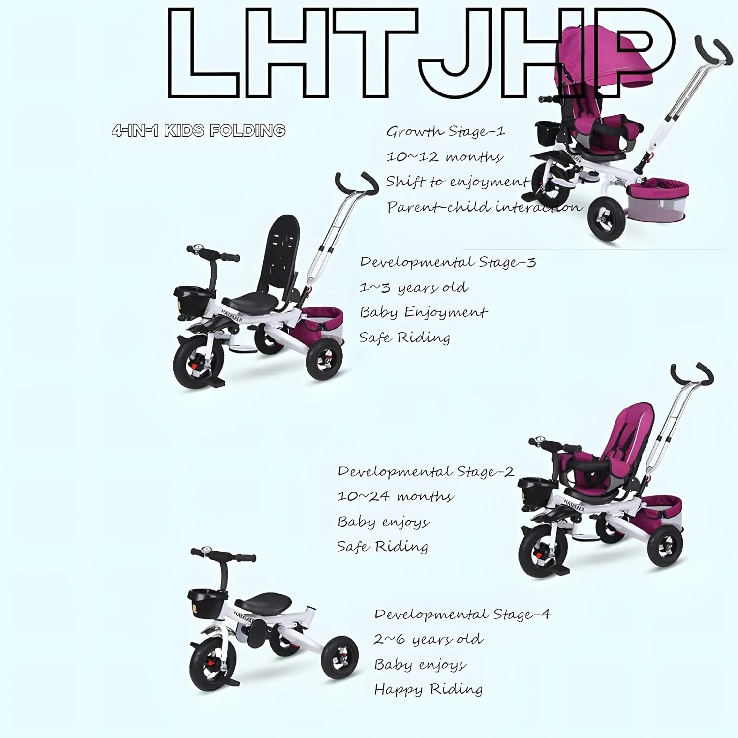 Trike Stroller,4 in 1 Baby Tricycle, Multi-Purpose Bike, Folding steering Tricycle Stroller, Learning Bike With Removable Handrail, Shock Absorbing Design,Push Tricycle for Toddlers 1-6,White  