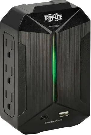 Tripp Lite Surge Protector Power Strip 6-Outlets   1 USB & 1 USB-C Port, Direct Wall Plug-in, Black, Green LED Light, 490 Joules, EMI/RFI Filtering, 20,000 Insurance (SK62USBC)