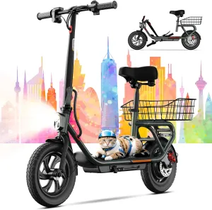 TST Electric Scooter with Seat for Adult, 20 Miles Range&19 Mph Power by 650W Peak Motor, 12" Pneumatic Tire&Height Adjustable Seat, Foldable Commuter Scooter with Hook&Carry Basket