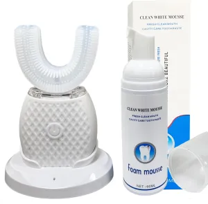 U-Shaped Automatic Ultrasonic Toothbrush, 360° Electric Toothbrush for Adults for Teeth Whitening, Rechargeable Ultrasonic Tooth Brush for Travel Home Dual-use (White, 1)