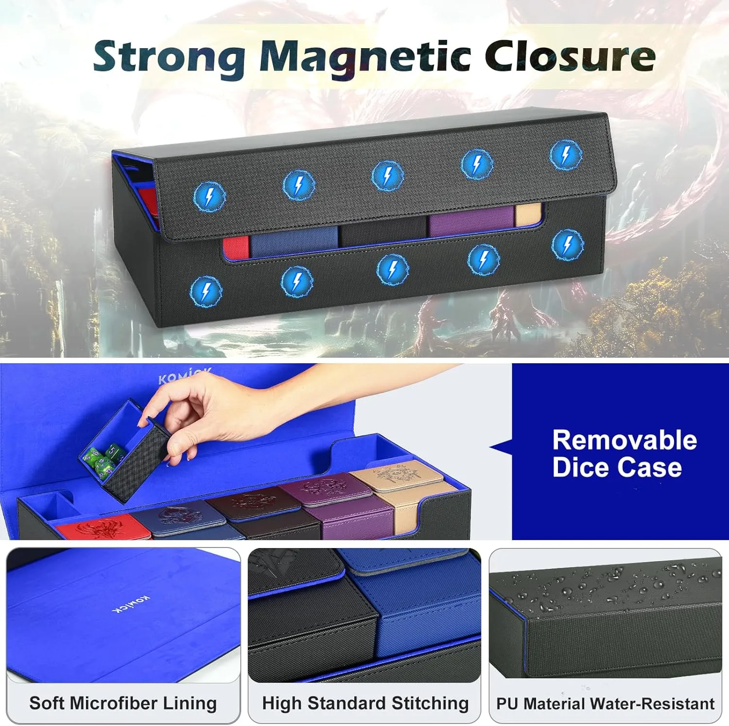 Ultimate 6-in-1 Card Deck Box Set with Playmat Dice Tray, Large MTG Card Storage Box with 5 PCS Deck Case 2400  Unsleeved Trading Cards Deck Box MTG TCG CCG Yugioh Sports Cards (Black/Blue)