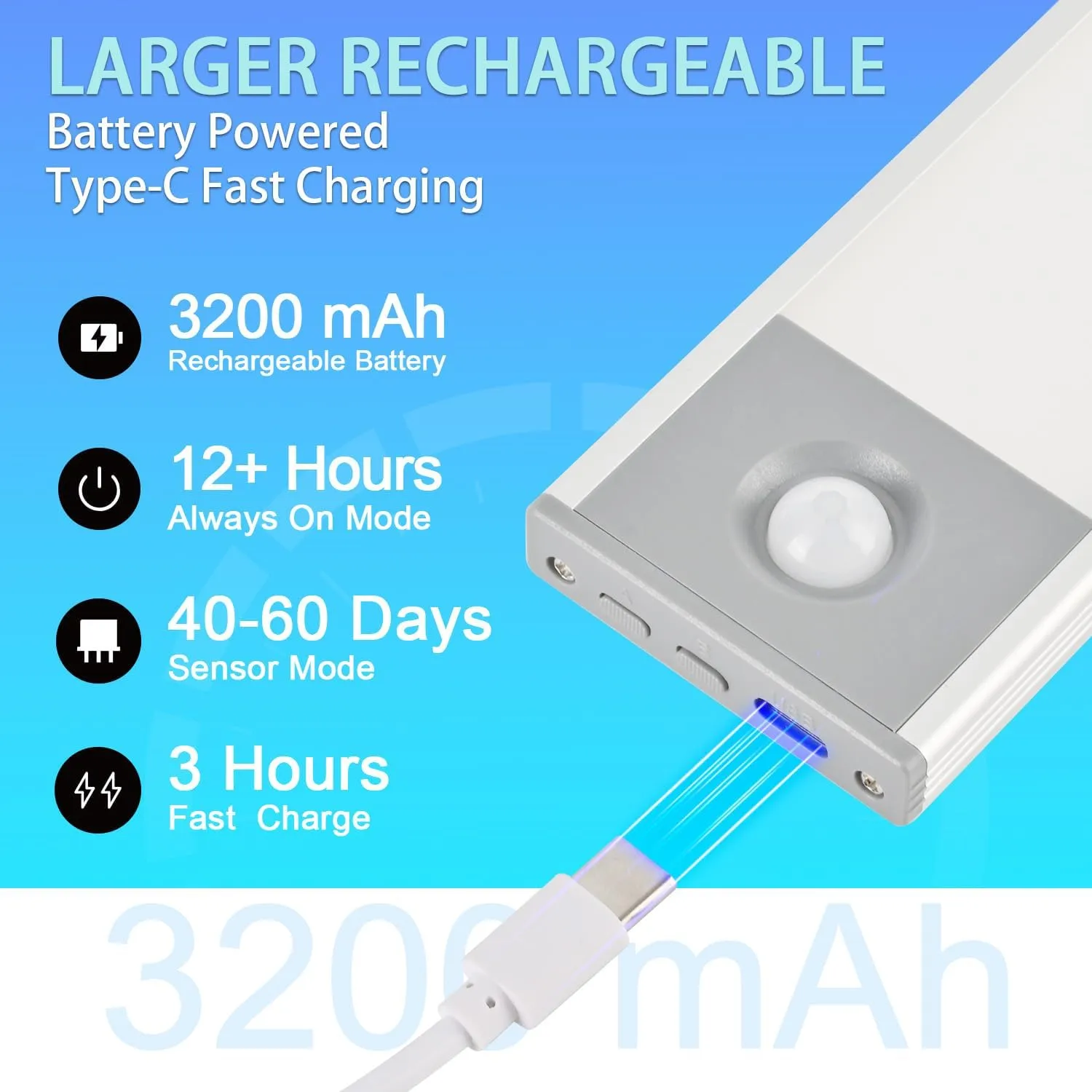 Under Cabinet Lighting, 8 inch 3200 mAh Rechargeable Battery Operated Closet Lights, Magnetic Motion Sensor Light Indoor, Under Counter Lights for Kitchen Stair(3 Color Temp., 2 Pack)