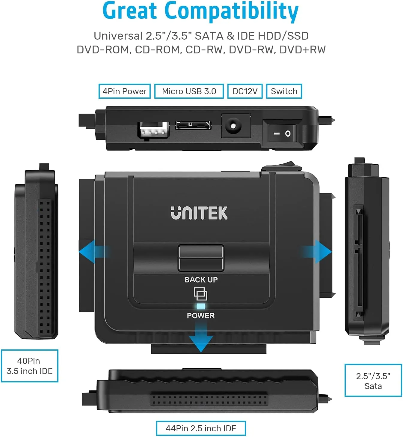 Unitek USB 3.0 to IDE and SATA Converter External Hard Drive Adapter Kit for Universal 2.5/3.5 HDD/SSD Hard Drive Disk, One Touch Backup Function, Included 12V/2A Power Adapter