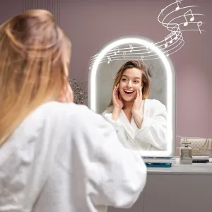 Vanity Mirror with Lights and Bluetooth Speaker, 20" x 28" Vanity Mirror with Lights, Lighted Makeup Mirror, 3 Color Modes, Dimmable Light, Tabletop LED Mirror