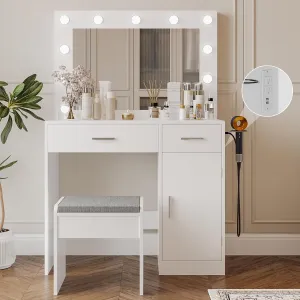 Vanity, Vanity Desk with Mirror, Large Drawer and Power Socket with 11 Light Bulbs and 3 Adjustable Lighting Modes, Vanity Table Ideal for Bedroom (White)