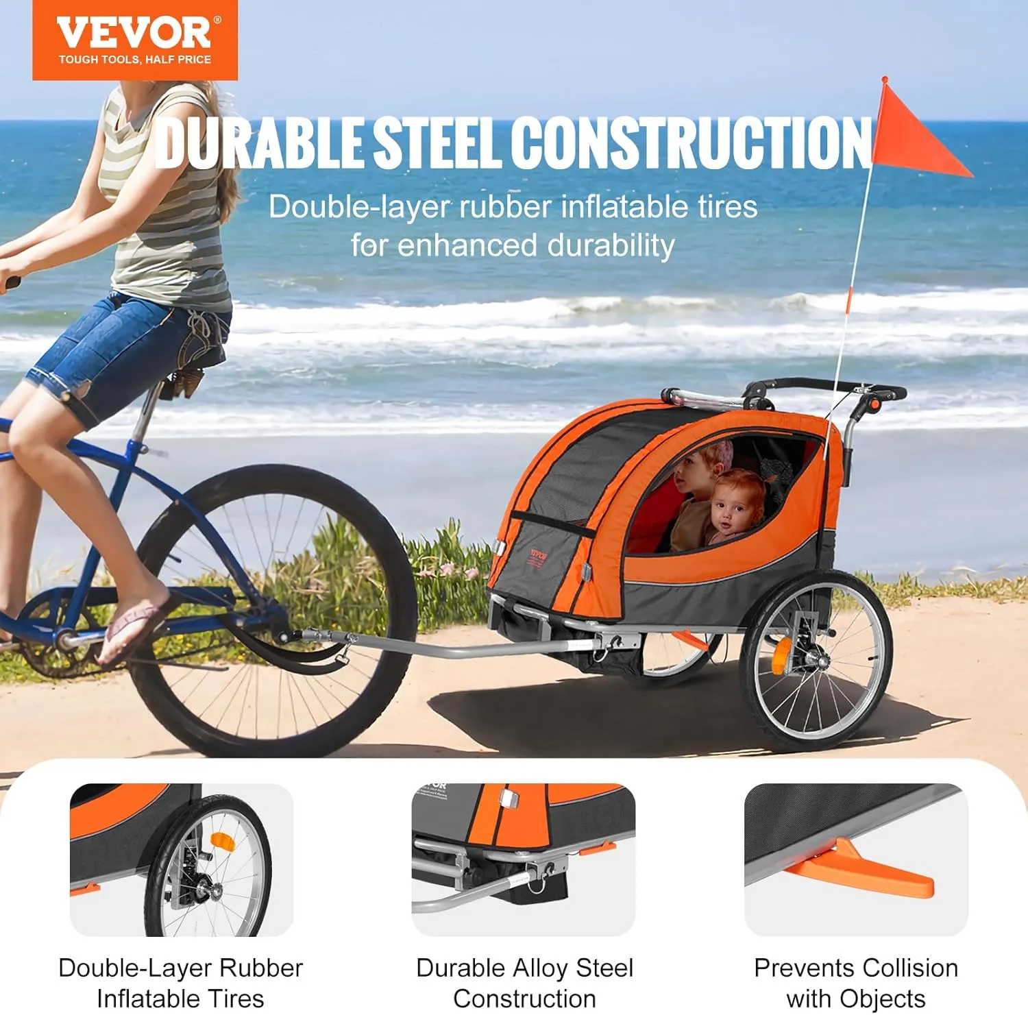 VEVOR Bike Trailer for Toddlers, Kids, 2 Seat, Supports up to 100/110 lbs, 2-in-1 Canopy Carrier Converts to Stroller, Tow Behind Foldable Child Bicycle Trailer with Universal Bicycle Coupler