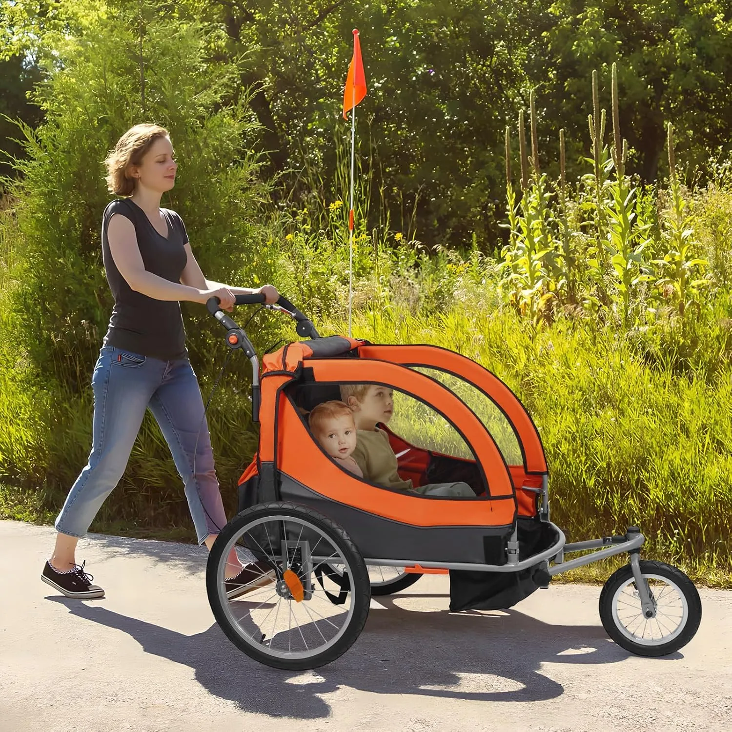 VEVOR Bike Trailer for Toddlers, Kids, 2 Seat, Supports up to 100/110 lbs, 2-in-1 Canopy Carrier Converts to Stroller, Tow Behind Foldable Child Bicycle Trailer with Universal Bicycle Coupler
