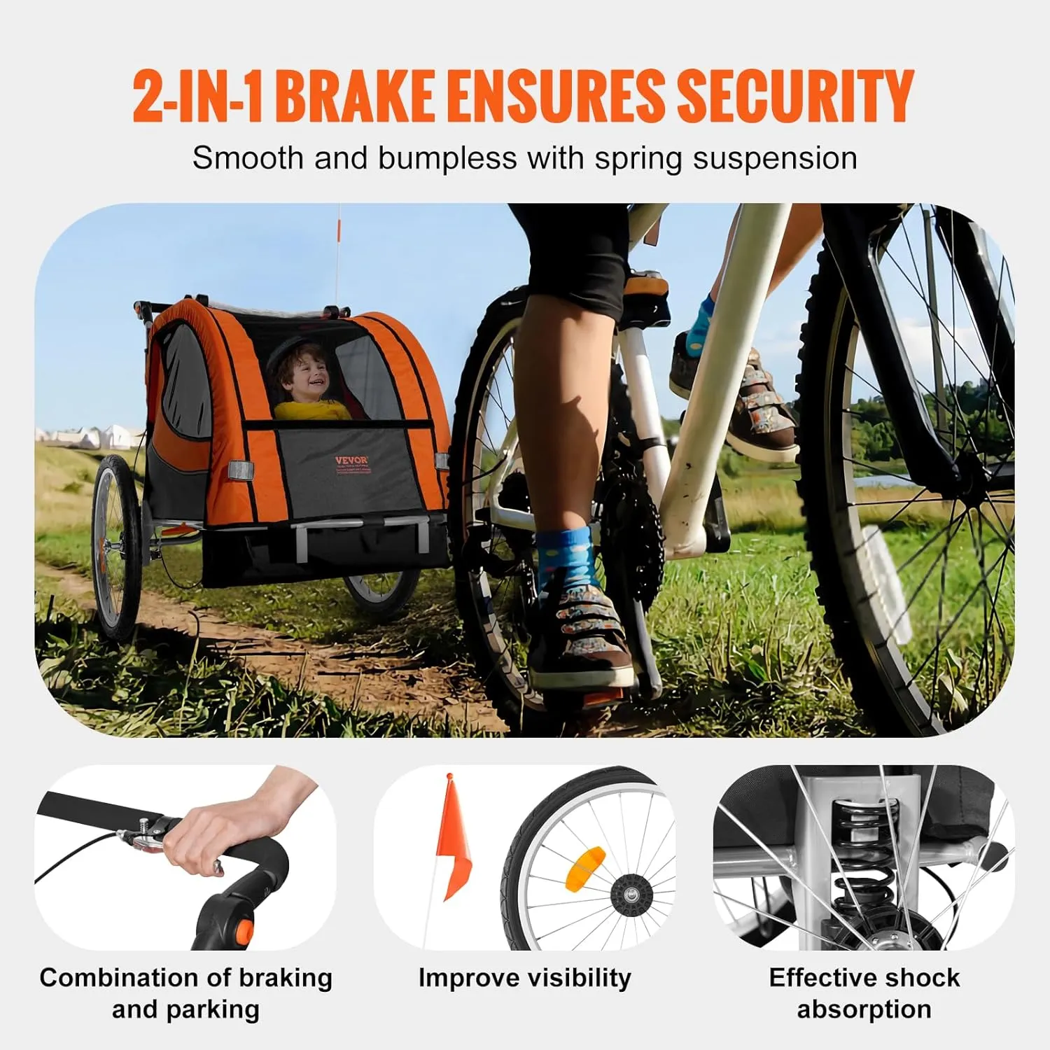 VEVOR Bike Trailer for Toddlers, Kids, 2 Seat, Supports up to 100/110 lbs, 2-in-1 Canopy Carrier Converts to Stroller, Tow Behind Foldable Child Bicycle Trailer with Universal Bicycle Coupler