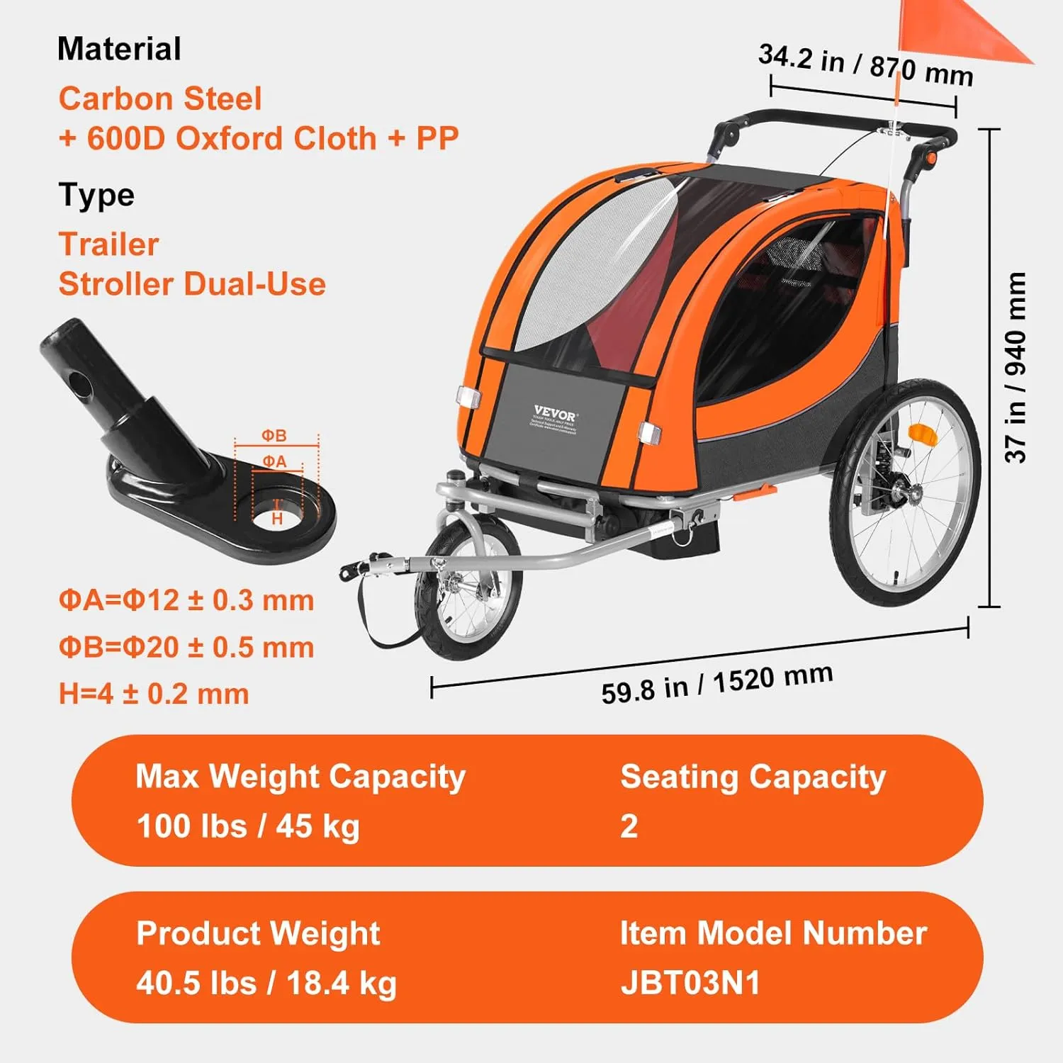 VEVOR Bike Trailer for Toddlers, Kids, 2 Seat, Supports up to 100/110 lbs, 2-in-1 Canopy Carrier Converts to Stroller, Tow Behind Foldable Child Bicycle Trailer with Universal Bicycle Coupler