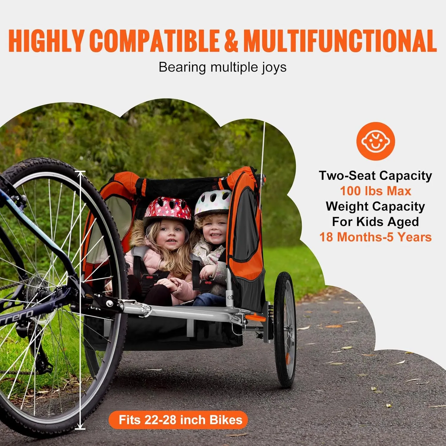 VEVOR Bike Trailer for Toddlers, Kids, 2 Seat, Supports up to 100/110 lbs, 2-in-1 Canopy Carrier Converts to Stroller, Tow Behind Foldable Child Bicycle Trailer with Universal Bicycle Coupler