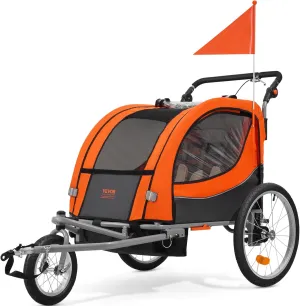 VEVOR Bike Trailer for Toddlers, Kids, 2 Seat, Supports up to 100/110 lbs, 2-in-1 Canopy Carrier Converts to Stroller, Tow Behind Foldable Child Bicycle Trailer with Universal Bicycle Coupler