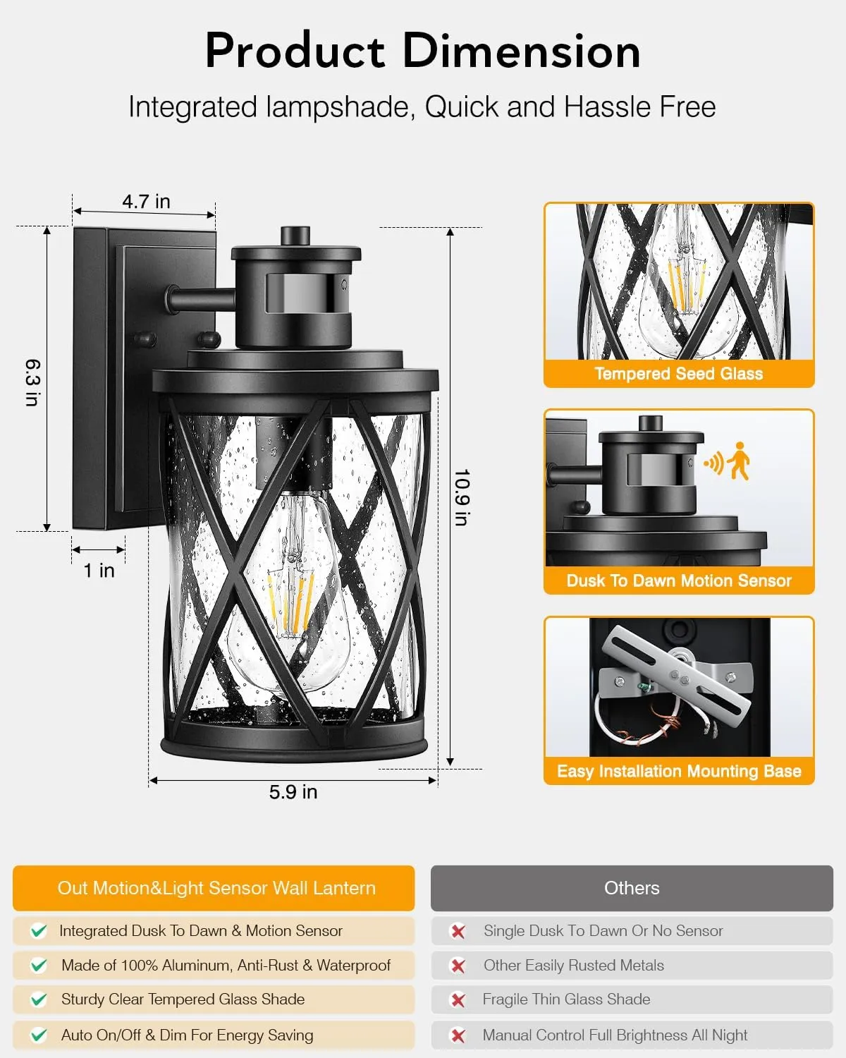 VIANIS Motion Sensor Outdoor Lights, 2 Pack Exterior Lighting Fixtures Dusk to Dawn, Black Outdoor Light Fixtures Wall Mount, Waterproof Outside Lights for House, Doorway, Porch, Anti-Rust