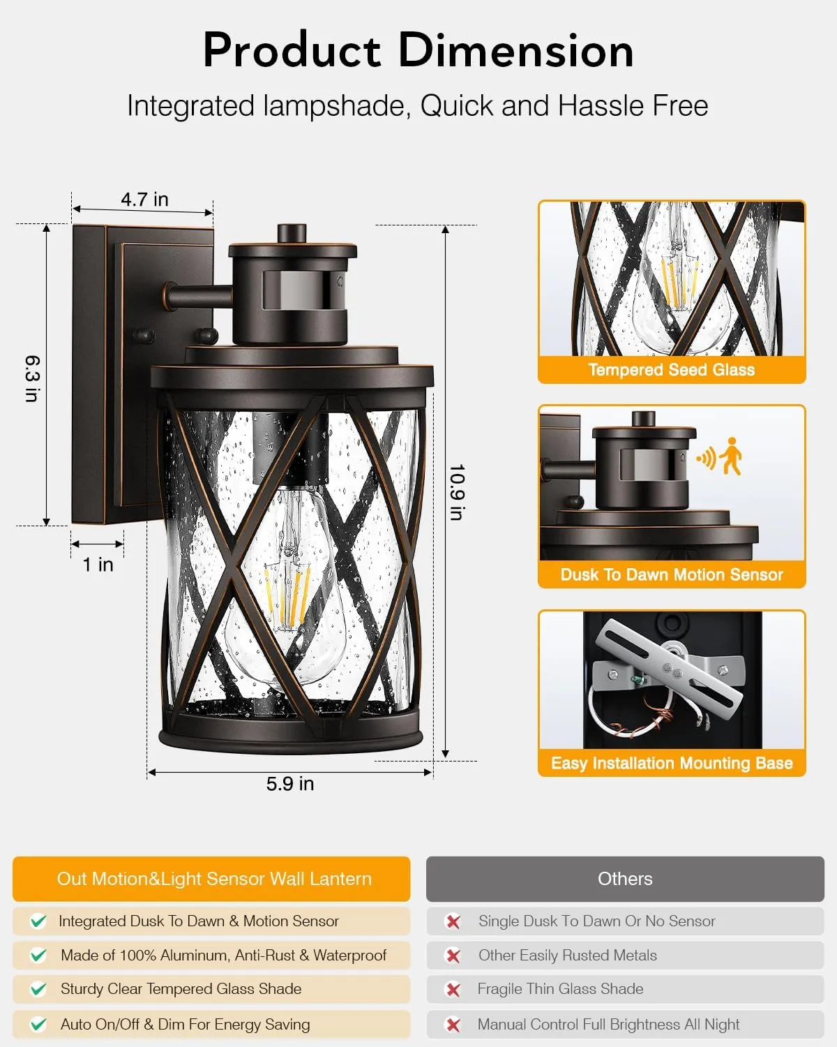 VIANIS Motion Sensor Outdoor Lights, Bronze Outside Lights for House Dusk to Dawn, Anti-Rust ORB Exterior Lighting Fixtures for House, Garage, Front Porch, Doorway, Waterproof, Oil Rubbed Bronze