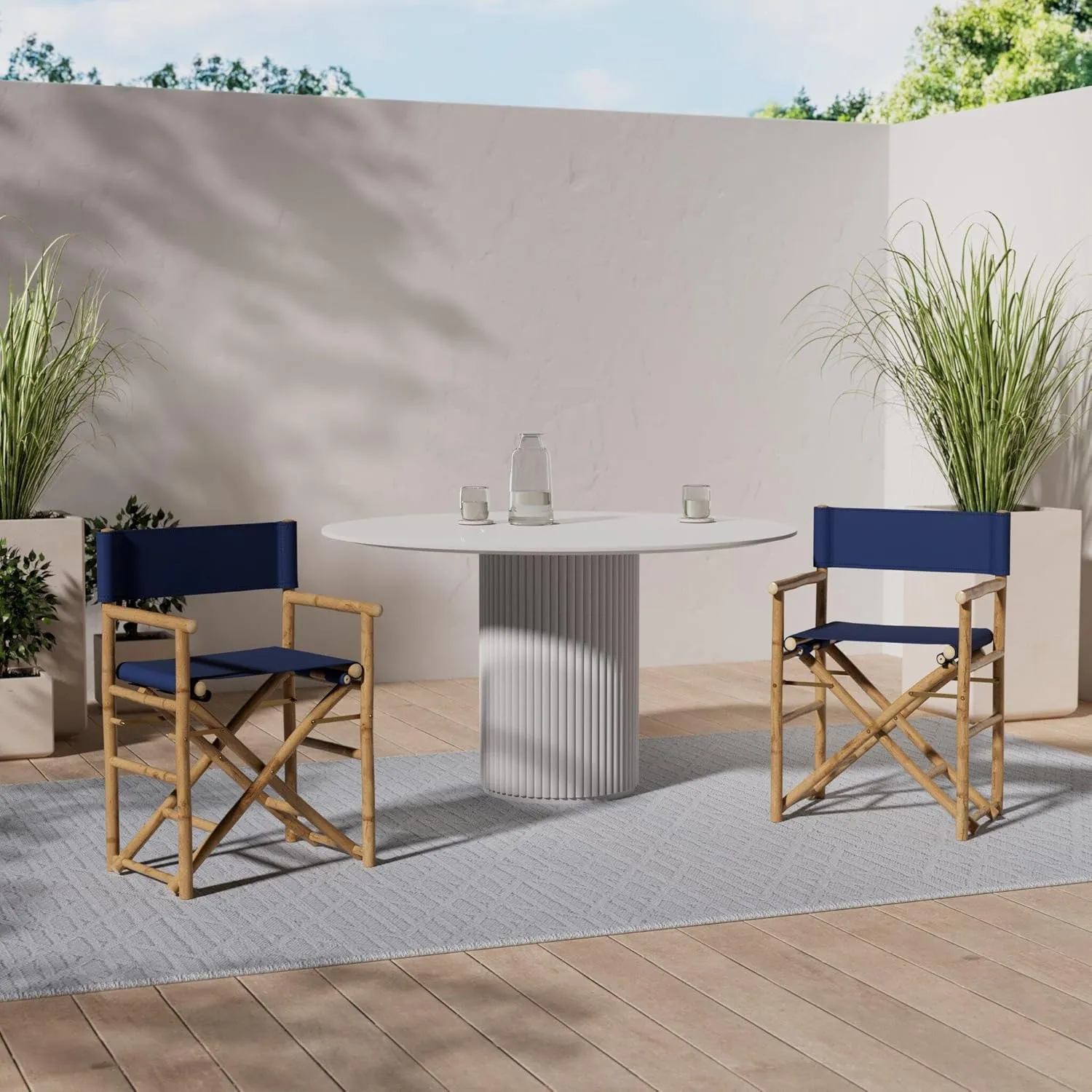 vidaXL Modern Bamboo and Fabric Folding Director's Chairs in Blue - Set of 2, Sturdy Outdoor Patio Furniture with Fabric Seat and Backrest