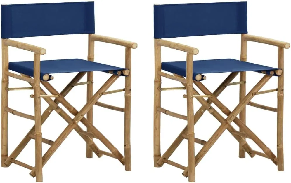 vidaXL Modern Bamboo and Fabric Folding Director's Chairs in Blue - Set of 2, Sturdy Outdoor Patio Furniture with Fabric Seat and Backrest