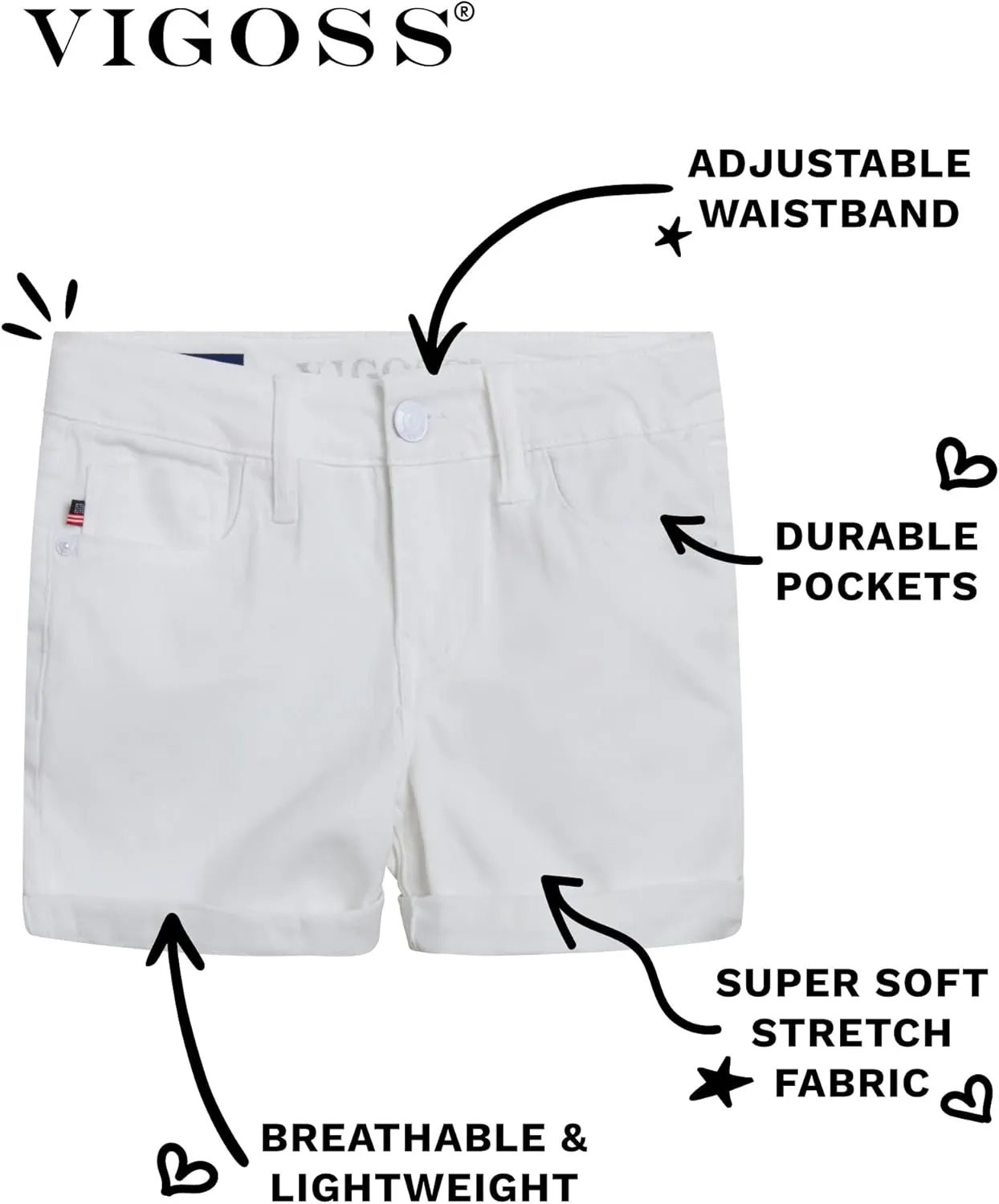 VIGOSS Girls’ Shorts – Basic Soft Stretch Twill Shorts for Girls – Kids’ Adjustable Roll-Cuff Shorts (4-16)