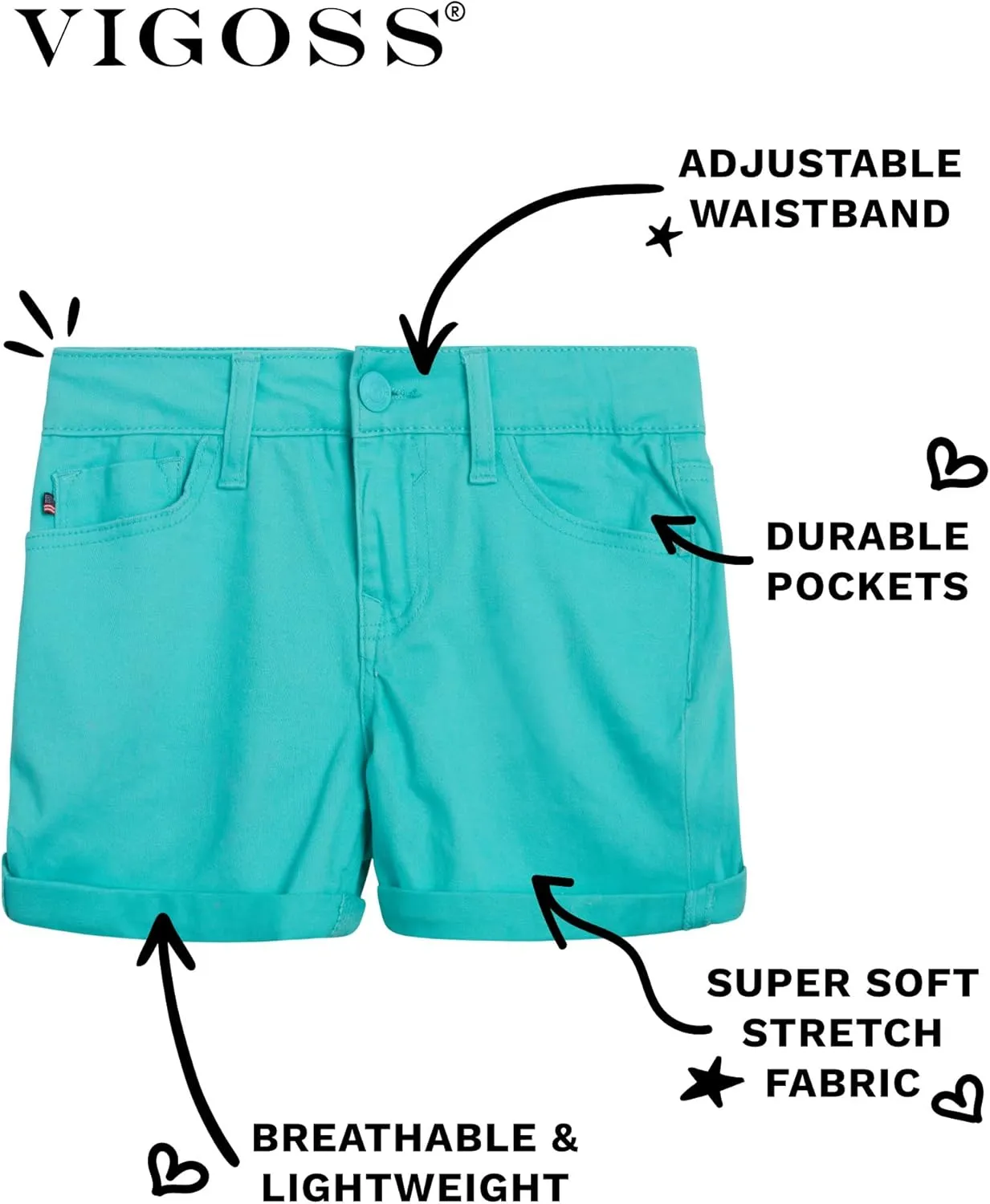 VIGOSS Girls’ Shorts – Basic Soft Stretch Twill Shorts for Girls – Kids’ Adjustable Roll-Cuff Shorts (4-16)
