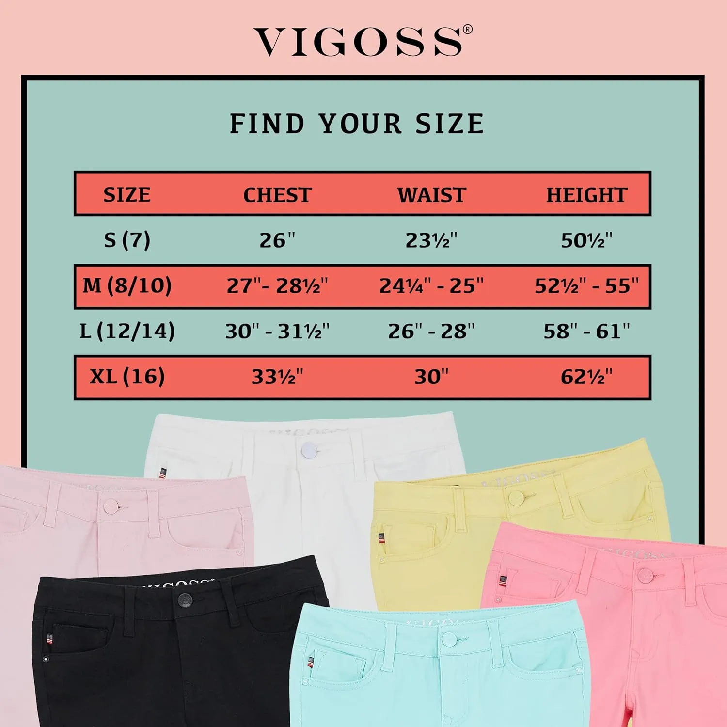 VIGOSS Girls’ Shorts – Basic Soft Stretch Twill Shorts for Girls – Kids’ Adjustable Roll-Cuff Shorts (4-16)