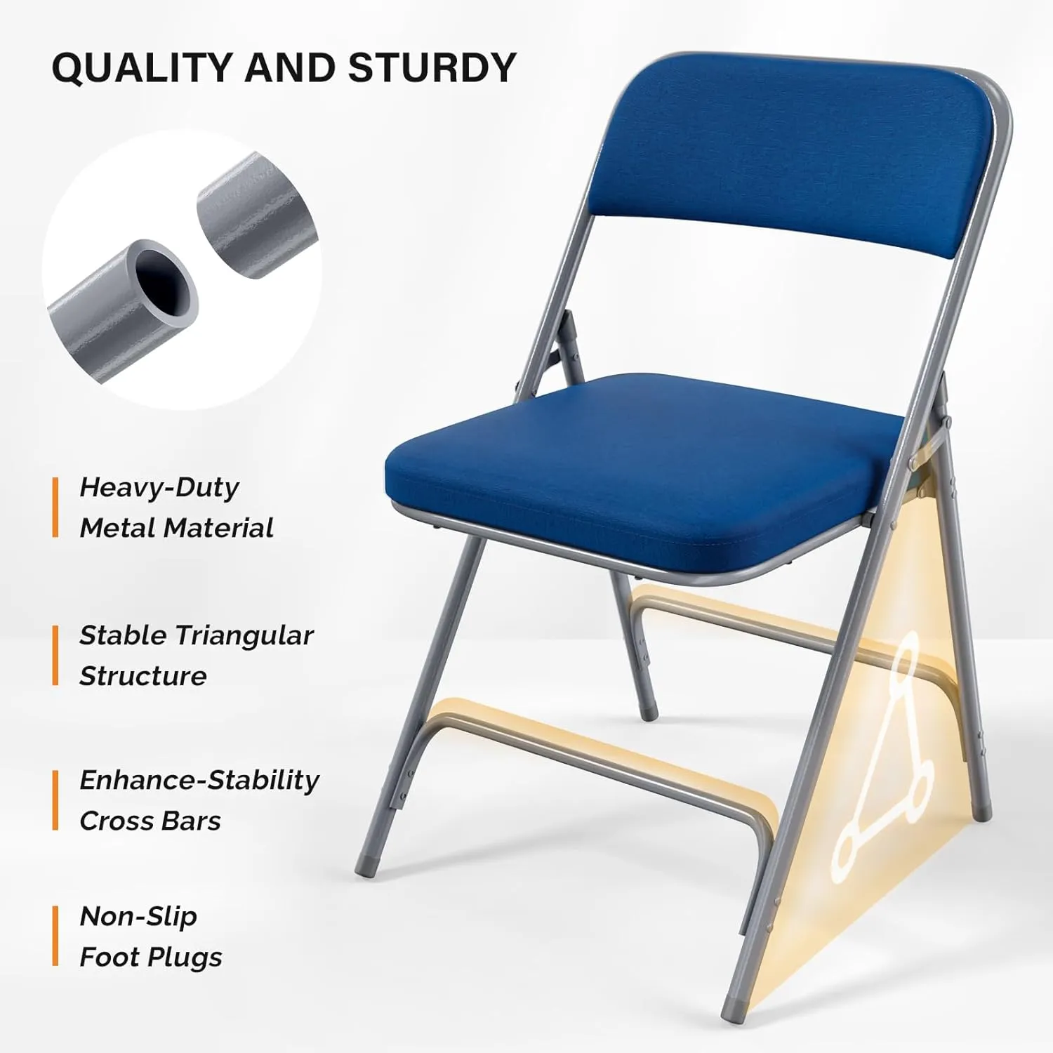 VINGLI Padded Folding Chairs with Thick Seat Cushion, Portable, Durable & Extra Comfortable Foldable Chairs for Indoor & Outdoor Events, Banquet, Party, Dinning, Work, Craft, Fabric, Navy Blue, 1 Pack