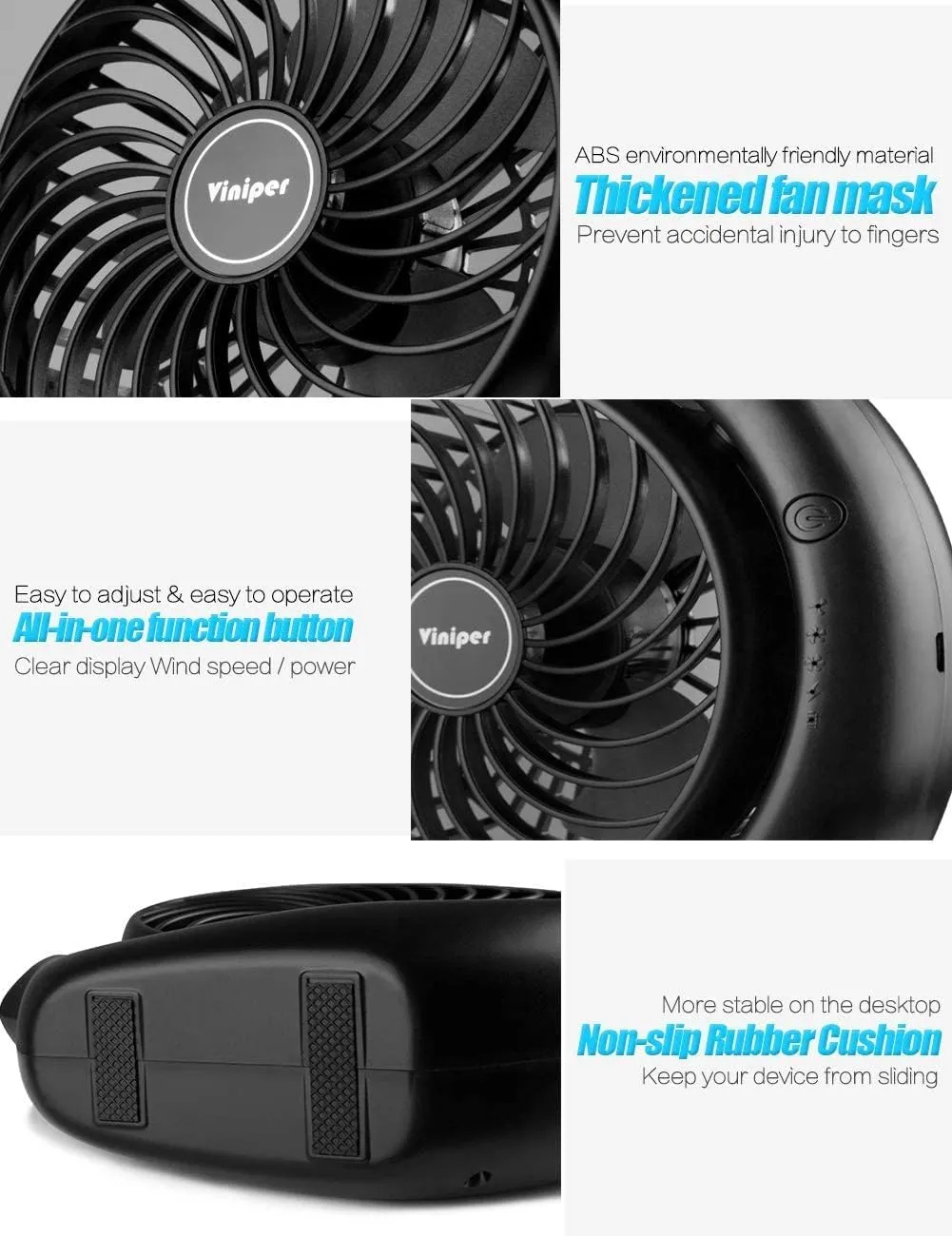 Viniper Portable Rechargeable Fan, Small Desk Fan : 3 Speeds & 8-24 Hours Longer Working, 180° Rotation, Optimised Portable USB Battery Fan, Light Blue
